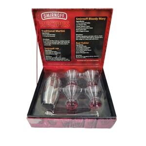 Smirnoff Recipes Cocktail Shaker Set 4 Red Bubble Base Martini Glasses & Spoon
